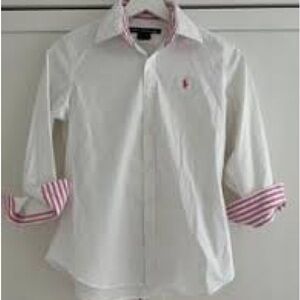 Ralph Lauren Sport White Button-Down Shirt w/ 3/4-Length Pink Striped Sleeves